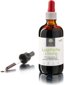 Lugols solution (<5%), iodine-potassium iodide solution 100ml pipette bottle