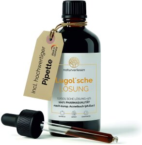 Lugols solution (<5%), iodine-potassium iodide solution 100ml pipette bottle